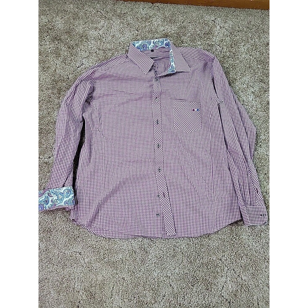 Jared Lang Shirt Mens XL Multicolored Gingham Check Button Up Flip Cuffs Paisley - Picture 4 of 10